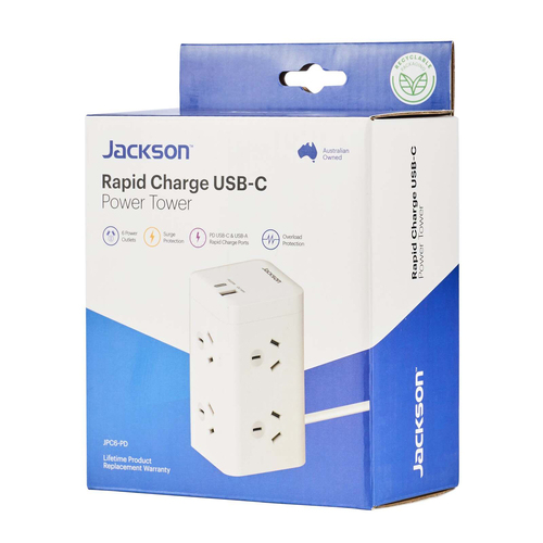 Jackson 11cm Power Tower 6-Outlet w/ USB-C/Type-A Charge Ports - White