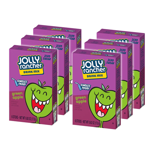 6x 6pc Jolly Rancher 17.6g Zero Sugar Green Apple Powdered Drink Mix Sticks