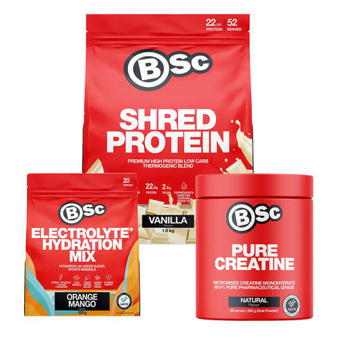 BSc Shred Combo 1.8kg Vanilla Protein 200g Creatine 120g Orange Mango Hydration