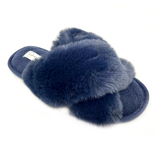 Jessica Simpson Size M/AU 7-8/EU 38-39 Women's High Plush Cross Slide Navy