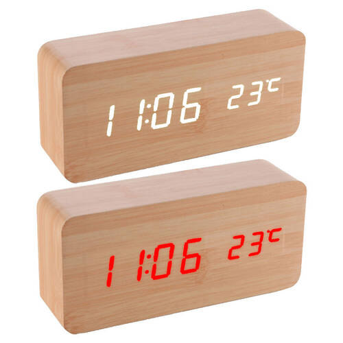 2PKWooden LED Display Digital Alarm Clock - Bamboo - Assorted Colour