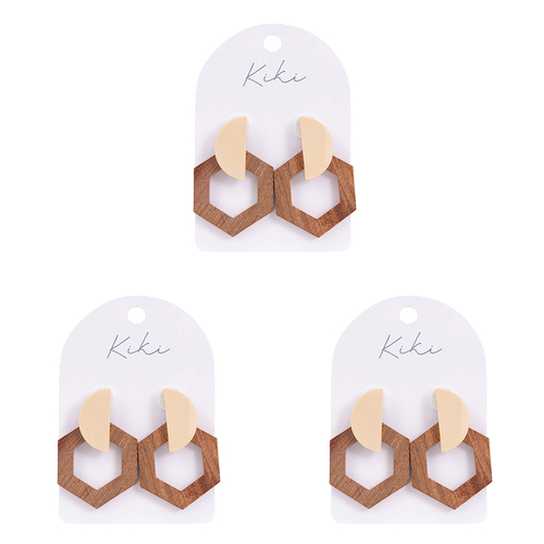 3PK Splosh KiKi Wooden Hexagon Drop Earrings Women Fashion Jewellery 5cm