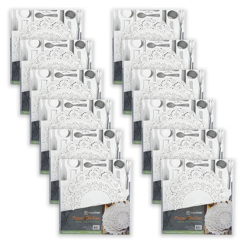 12x 60pc Topchef Multi-Size Round Paper Lace Doilies Pack White Assorted