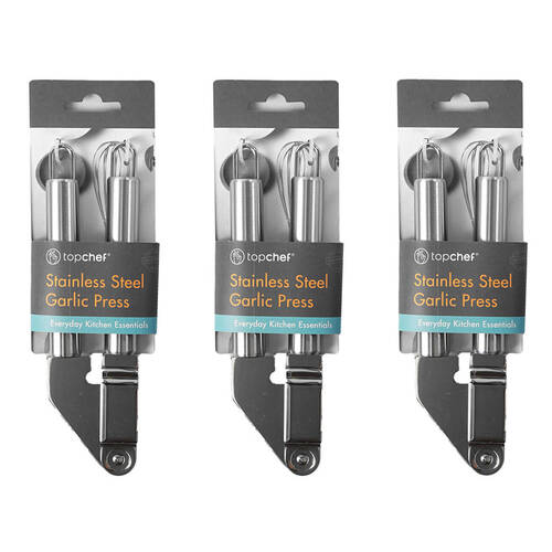 3PK Topchef Stainless Steel Garlic Press Kitchen Utensil 19cm Silver