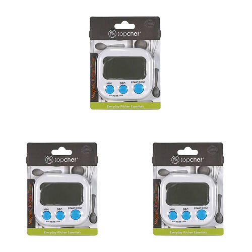 3PK Topchef Digital Kitchen Timer Stand w/ Magnetic Back 8x7cm White
