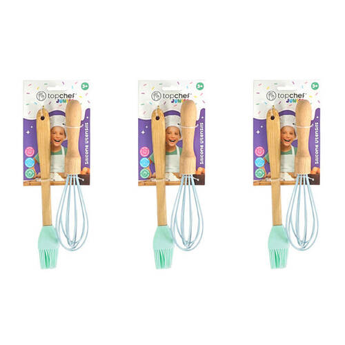3x 2pc Topchef Silicone/Bamboo Whisk Brush Kids Baking Utensil Set Assorted