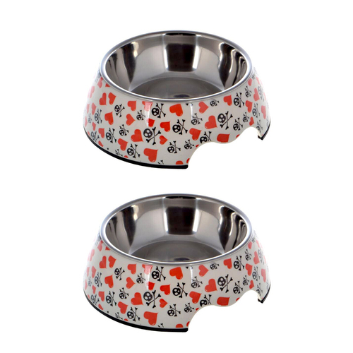 2PK Lepets Mellamine Pet Bowl Skull & Heart Dog/Puppy Feeding Food/Water Dish Large