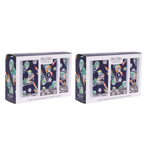 2PK Splosh Kids Dino Spend Save Give Money Box Piggy Bank 20.5cm Rectangle