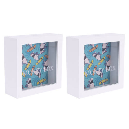 2PK Splosh Kids Shark Clear Acrylic Money Box Coin Piggy Bank 13cm Square