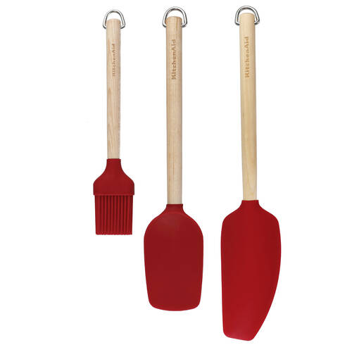 3pc KitchenAid Birchwood Handle Baking Utensil Set Silicone Heads Empire Red