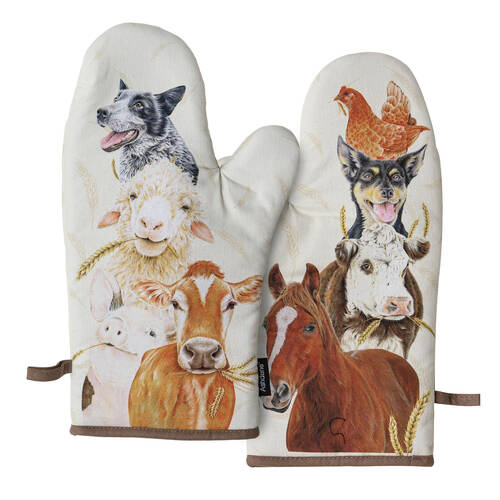 2pc Ashdene Farmyard Faces 2 Kitchen Gloves Oven Mitts Pot Holder 19.5x33cm