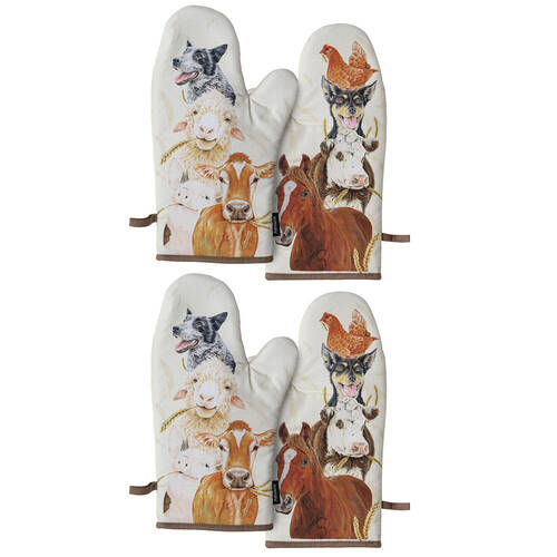2x 2pc Ashdene Farmyard Faces 2 Kitchen Gloves Oven Mitts Pot Holder 19.5x33cm