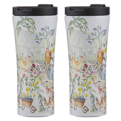 2x Ashdene Garden Hens Travel Mug Cup Coffee Water Flask Tumbler 9.2x20cm