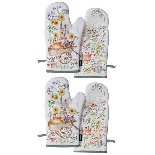2x 2pc Ashdene Garden Hens Kitchen Gloves Oven Mitts Pot Holder 19.5x33cm