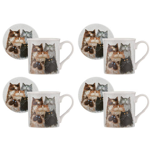 4PK Ashdene Kim's Cats Fluffy Five New Bone China Mug & Coaster Set 330ml White