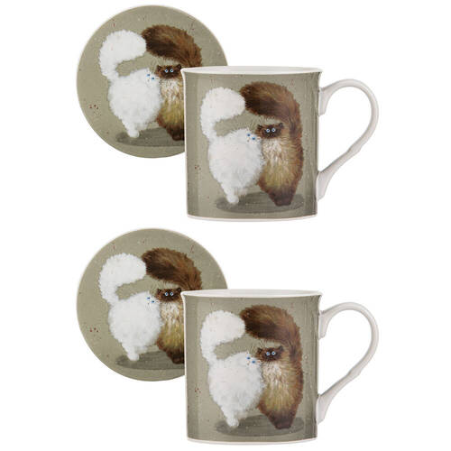 2x Ashdene Kim's Cats Double Puff New Bone China Mug & Coaster Set 330ml Green