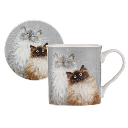 Ashdene Kim's Cats Sully & Bucky New Bone China Mug Coaster Set 330ml Blue