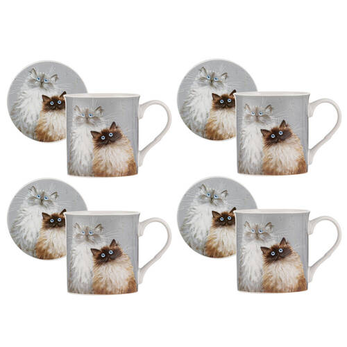 4PK Ashdene Kim's Cats Sully & Bucky New Bone China Mug Coaster Set 330ml Blue