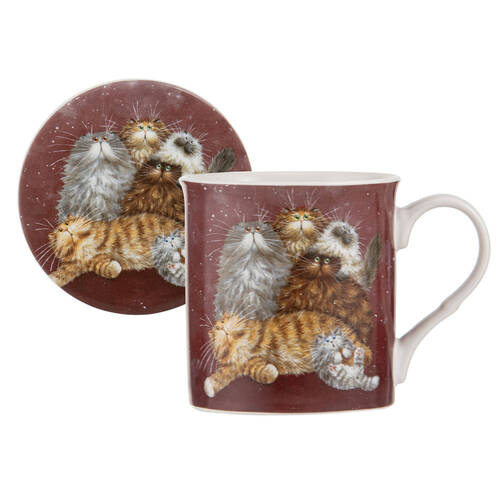 2pc Ashdene Kim's Cats Friends Family Bone China Mug Coaster Set 330ml Red