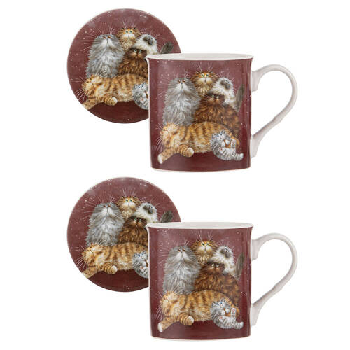 2x Ashdene Kim's Cats Friends Family New Bone China Mug & Coaster Set 330ml Red