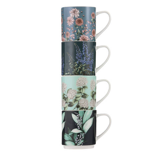 4pc Ashdene Secret Garden Stackable New Bone China Drinking Mug 330ml Blue