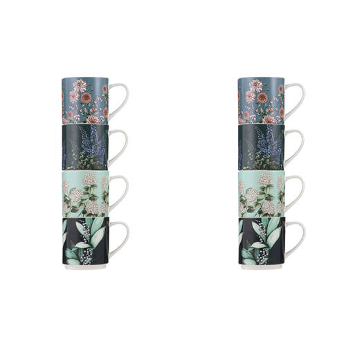 2x 4pc Ashdene Secret Garden Stackable New Bone China Drinking Mug 330ml Blue