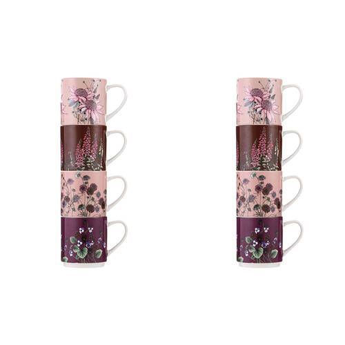 2x 4pc Ashdene Secret Garden Stackable New Bone China Drinking Mug 330ml Pink