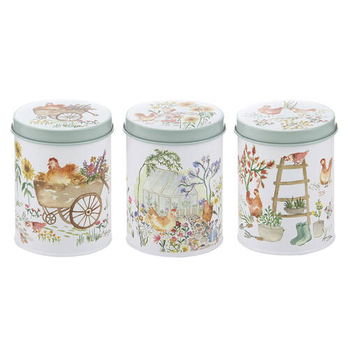 3pc Ashdene Garden Hens Steel Storage Decor Canister White 12x15cm