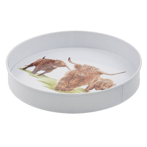 Ashdene Highland Herd Galvanise Steel Round Serving Tray White 30.5x30.5cm