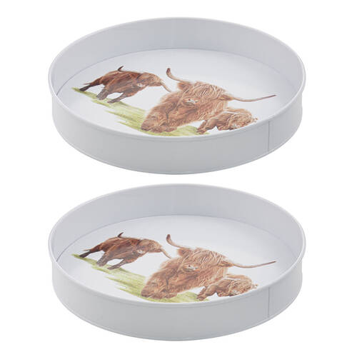 2PK Ashdene Highland Herd Galvanise Steel Round Serving Tray White 30.5x30.5cm