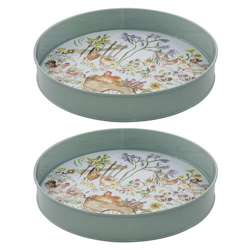 2PK Ashdene Garden Hens Galvanise Steel Round Serving Tray White 30.5x30.5cm