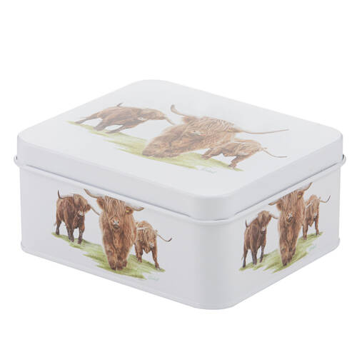 Ashdene Highland Herd Steel Storage Decor Biscuit Tin White 18.8x16.3cm