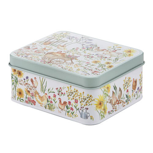 Ashdene Garden Hens Steel Storage Decor Biscuit Tin White 18.8x16.3cm