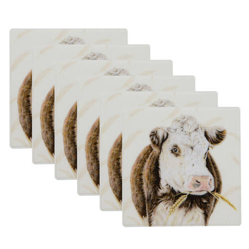 6PK Ashdene Farmyard Faces 2 Cow Square Drink Mat Ceramic Coaster 10x10cm