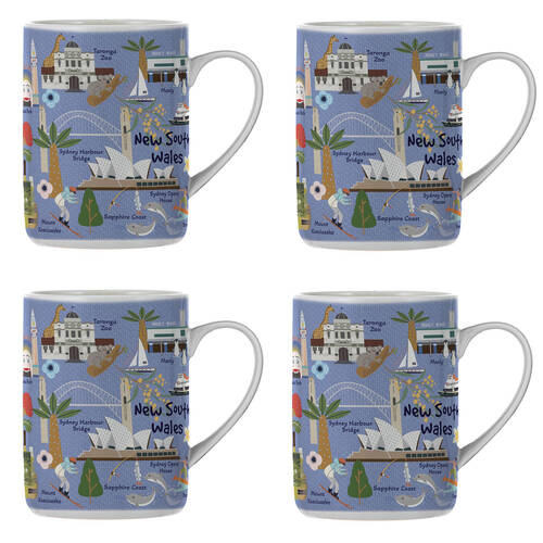 4PK Ashdene Land Down Under NSW Bone China Drinking Mug Blue 370ml