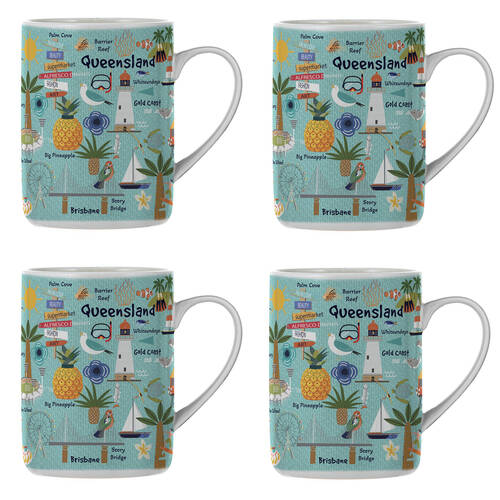 4PK Ashdene Land Down Under Qld Bone China Drinking Mug Blue 370ml