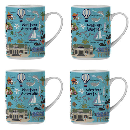 4PK Ashdene Land Down Under WA Bone China Drinking Mug Blue 370ml