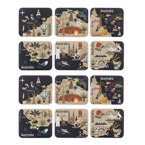 2x 6pc Ashdene Land Down Under AUS Cork Drinking Mat Coaster 11x9.7cm