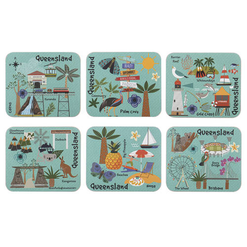 6pc Ashdene Land Down Under Qld Cork Drinking Mat Coaster 11x9.7cm