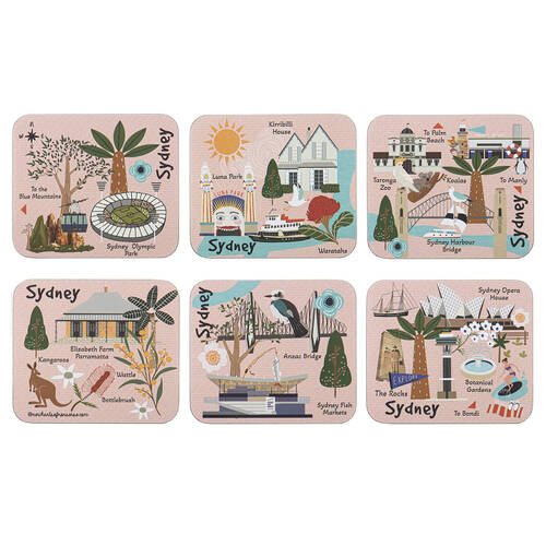 6pc Ashdene Land Down Under Sydney Cork Drinking Mat Coaster 11x9.7cm