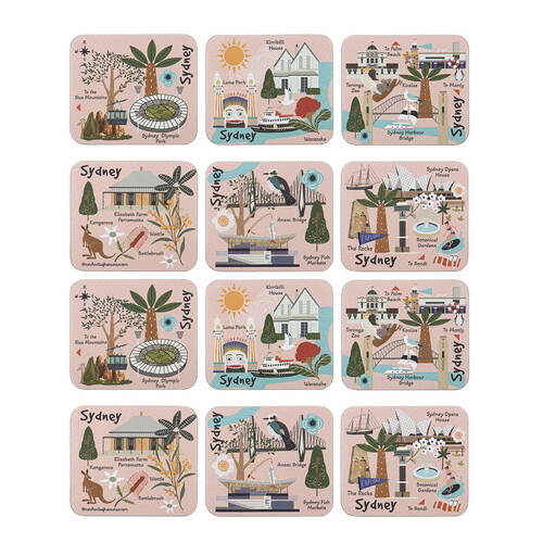 2x 6pc Ashdene Land Down Under Sydney Cork Drinking Mat Coaster 11x9.7cm