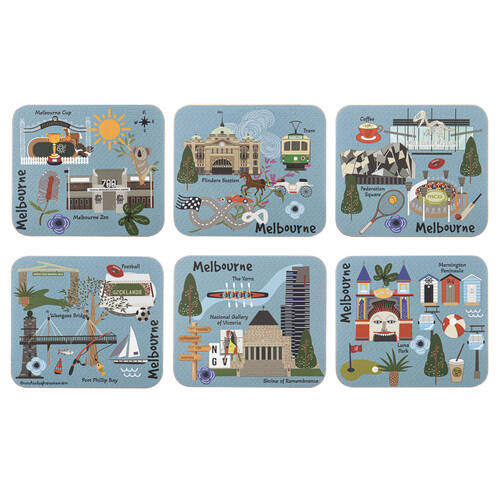 6pc Ashdene Land Down Under Melbourne Cork Drinking Mat Coaster 11x9.7cm