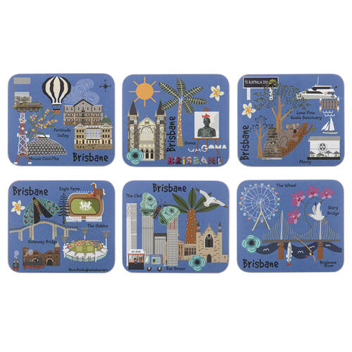 6pc Ashdene Land Down Under Brisbane Cork Drinking Mat Coaster 11x9.7cm