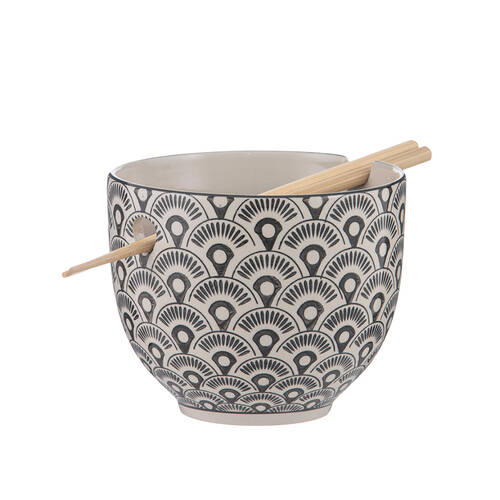 Ladelle Nara Fan Ceramic Noodle Bowl w/ Chopsticks Japanese Style Assorted