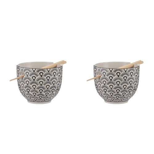 2PK Ladelle Nara Fan Ceramic Noodle Bowl w/ Chopsticks Japanese Style Assorted