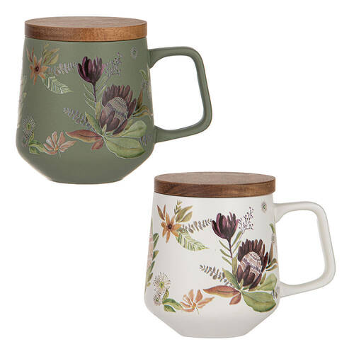 2PK Leura Starter Porcelain Mug & Acacia Coaster Serving Set Assorted