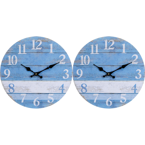 2PK LVD Beach House Hanging Wall Clock Analogue 34cm Round Decor