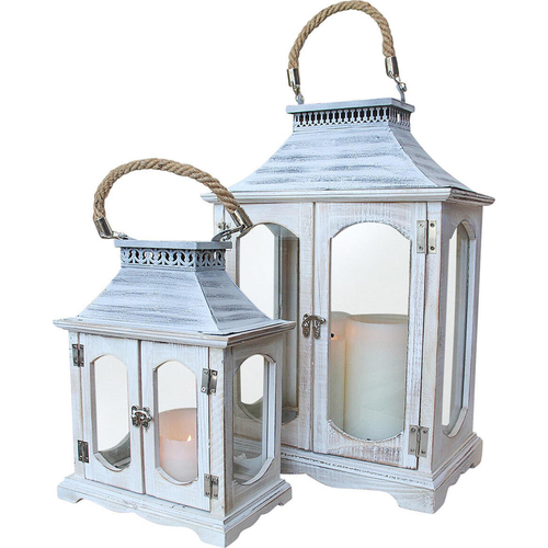 2pc LVD Lantern Glass/Wood/Metal Candle Holder - Whitewash
