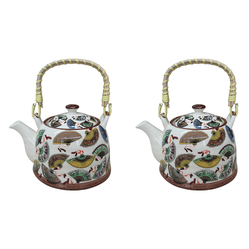 2PK LVD Oriental Fans 18cm Ceramic Teapot Decorative Brewing Tea Pot w/ Handle
