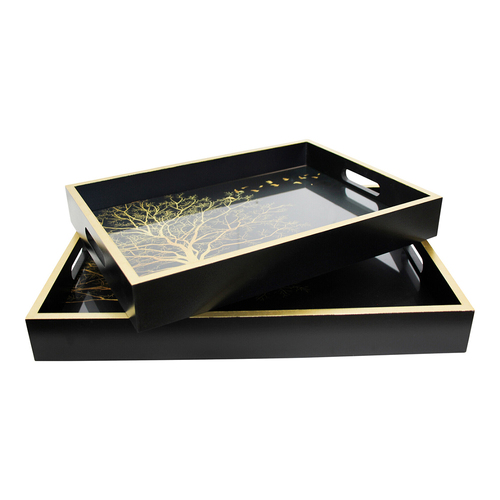 2pc LVD MDF/Glass 40/35cm Tree Tray w/ Handles Rectangle - Black